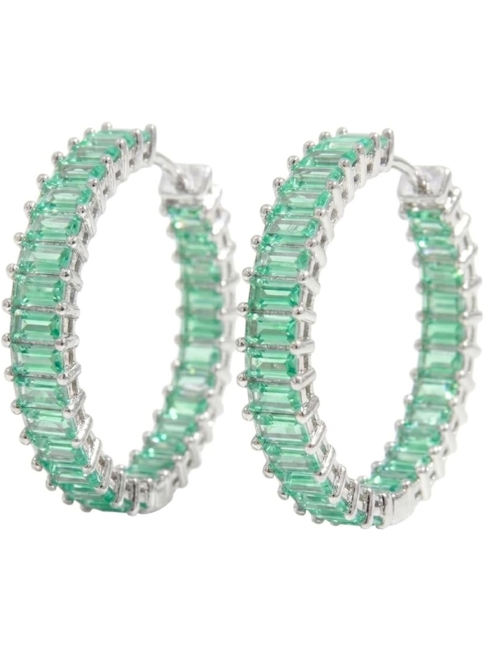 Emerald Baguette Hoop Earrings - Silver